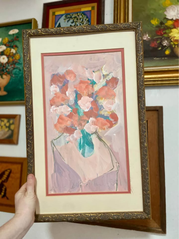 abstract floral painting in ornate gold frame