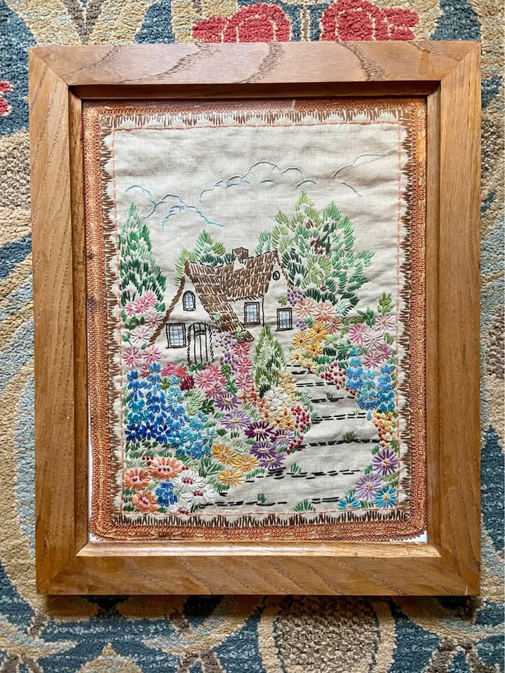 vintage embroidery in handmade wood frame